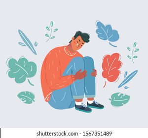 Cartoon vector illustration of cry man sitting.