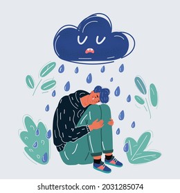 Cartoon vector illustration of cry man under rainy cloud.