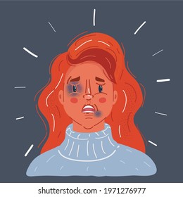 Cartoon vector illustration of crying Woman with Tears and Bruises and abrasions on a woman's face. The problem of domestic violence concept. Close-up face on dark background.