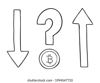 Cartoon vector illustration of cryptocurrency bitcoin with question mark and up, down arrows. Black outlined and white colored.