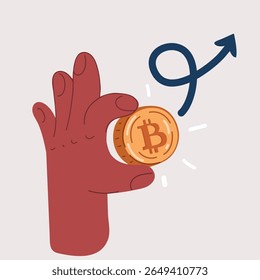 Ilustração vetor de desenhos animados de criptomoeda, finanças e mão de negócios segurando bitcoin dourado