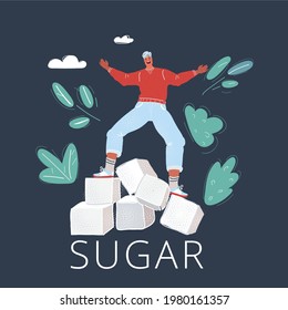 Cartoon vector illustration of cube of sugar icon. Man balanced on sweet balance on dark background.
