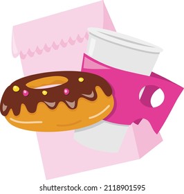 A cartoon vector illustration of a cup of coffee and donut in front of pink breakfast bag.