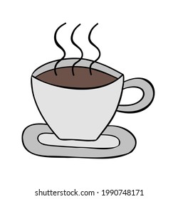 Cartoon vector illustration of a cup of hot coffee. Colored and black outlines.