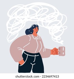 Cartoon vector illustration of Cup of tea and chill. Woman hold coffee, drinking hot coffee and enjoying morning, being in dreamy and relaxed mood.
