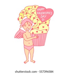 Cartoon vector illustration with cupid and big cupcake. Happy St. Valentine's Day. Holiday card with angel. 