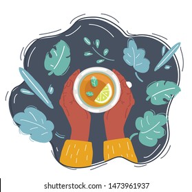 Cartoon vector illustration of Cups of tea or herbal hot drink with lemon in the human hands. Top view. Object on dark.