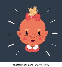Cartoon vector illustration of curious face of baby girl on dark backround.