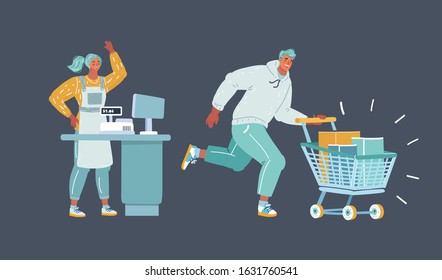 Cartoon vector illustration of customer and cashier in the store. Human characters on dark background.