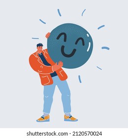 Ilustración vectorial de caricatura del cliente, el hombre sostiene un gran icono de satisfacción o retroalimentación en sus manos.