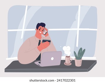 Cartoon vector illustration of Customer. Man online shopping with laptop in office