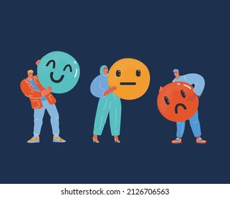 Cartoon vector illustration of Customer satisfaction smiles with different emotions. People hold big icon in their handsover dark backround.