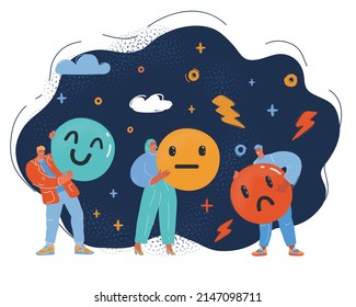 Cartoon vector illustration of Customer satisfaction meter with different emotions over dark backround.