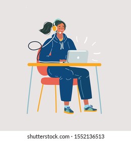Cartoon vector illustration of customer support operator with headset and smiling. Woman work at the desk.