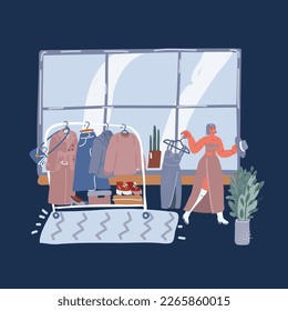 Cartoon vector illustration of Customers in dressing room. Woman try on clothes and shoes in clothing store. Customer shop fit clothing near mirror in boutique over dark background