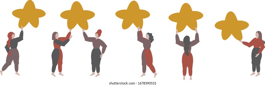 Cartoon vector illustration of of customers satisfaction review. People holding golden star in hands. Feedback, reputation and quality and rationg concept.
