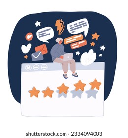 Cartoon vector illustration of customers satisfaction review. Five golden star rating. Feedback, reputation and quality concept over dark