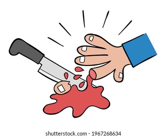 Cartoon vector illustration of cut the finger with a knife. Colored and black outlines.