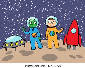 Cartoon Vector Illustration Of Cute Alien And Astronaut In Space On Moon