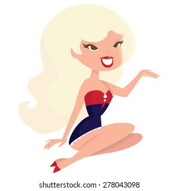 A cartoon vector illustration of a cute all american bombshell blonde.