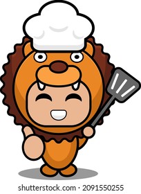 cartoon vector illustration of cute animal mascot costume character lion chef hat holding a spatula