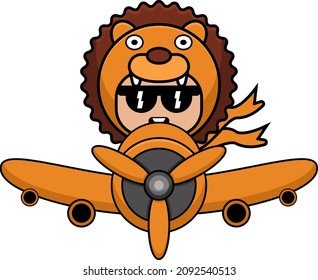 cartoon vector illustration of cute animal mascot costume character lion riding a plane