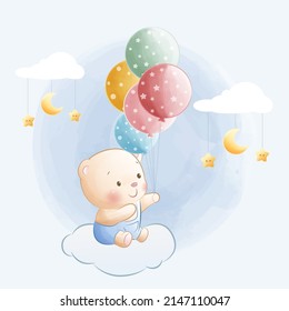 Cartoon vector illustration Cute baby bear sitting on the cloud
