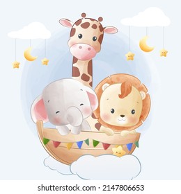 Cartoon vector illustration Cute baby elephant, giraffe and lion sitting in a boat above the cloud