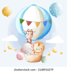 Cartoon vector illustration Cute baby elephant, giraffe and lion floating on hot air balloon