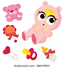 A cartoon vector illustration of a cute baby girl in bunny onesie and baby accessories.