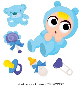 A cartoon vector illustration of a cute baby boy in bunny onesie and baby accessories.