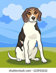 Cartoon Vector Illustration of Cute Beagle Dog against Blue Sky