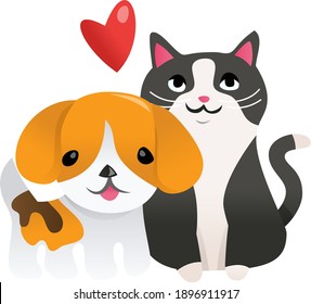 A cartoon vector illustration of a cute beagle puppy and a black and white kitten in love.