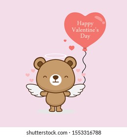 Cartoon vector illustration of cute bear angel with heart balloons. 