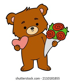 Cartoon vector illustration, cute bear with valentine card and bouquet of flowers
