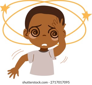 Ilustração vetorial de desenhos animados de um garoto bonito da escola primária negra tocando sua cabeça com uma sensação de tontura. Clip-art para materiais educacionais e conteúdo de saúde pediátrica