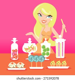 A cartoon vector illustration of a cute blonde girl showing off a candy buffet.