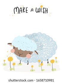 Cartoon vector illustration with cute blue little sheep, yellow flowers. Greeting card for spring season. Childish poster template with a sheep on a meadow for kids apparel, fabric, print, invitation.