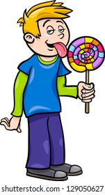 Cartoon Vector Illustration of Cute Boy with Big Colorful Lollipop