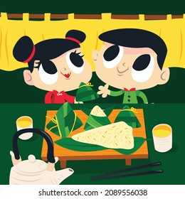 A cartoon vector illustration of a cute boy and girl with rice dumpling and tea.