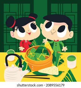 A cartoon vector illustration of a cute boy and girl with rice dumpling and tea.