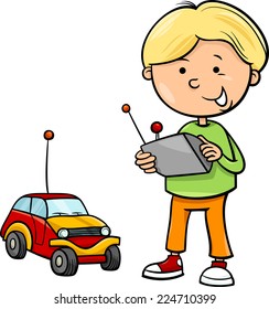 Cartoon Vector Illustration of Cute Boy with Remote Toy Car