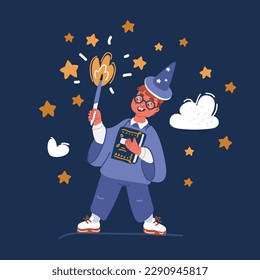 Cartoon vector illustration of Cute boy dressed as a Wizard with the book and a magic staff over dark background