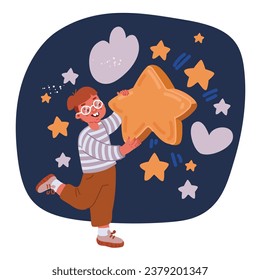 Cartoon vector illustration of Cute boy holding star over dark backround