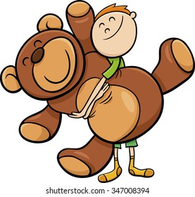 Cartoon Vector Illustration of Cute Boy with Big Cuddly Teddy Bear