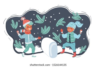 Cartoon vector illustration of Cute boys and girl play snowballs. Human character on dark background.