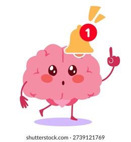 Cartoon vector illustration of a cute brain character with a bell notification and a hand pointing upward. Concept for mental awareness, reminders, focus and self attention