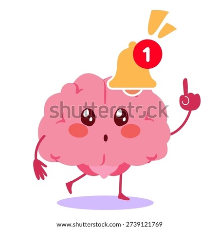 Cartoon vector illustration of a cute brain character with a bell notification and a hand pointing upward. Concept for mental awareness, reminders, focus and self attention
