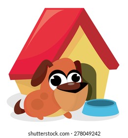 A cartoon vector illustration of a cute brown puppy at his dog house.