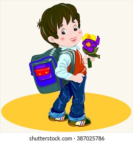 Cartoon vector Illustration. Cute brown-haired boy with a satchel and a bunch of flowers his arm walking to school.